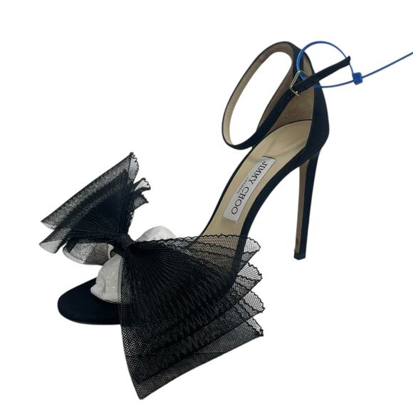 Jimmy Choo Aveline 100 Black Sandal Grosgrain Mesh Fasincator Bow Size 39 - Picture 16 of 16